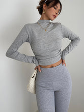 CannedPineapple temperament half high collar pump pleated long sleeve high waist bottoming shirt slim top